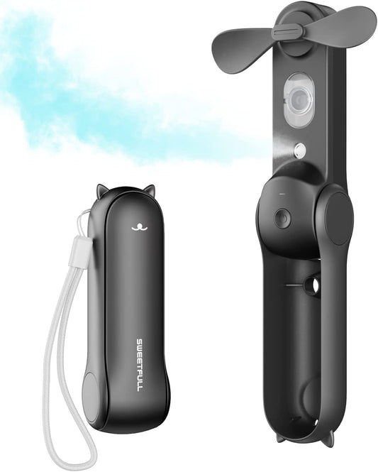 SWEETFULL Misting Fan Portable, Handheld Personal Mister Fans, Small Fan Rechargeable, Mini Spray Water Mist,Kids Women Portable Fans For Travel, Outdoors, Hiking, Camping Home Office (Black)