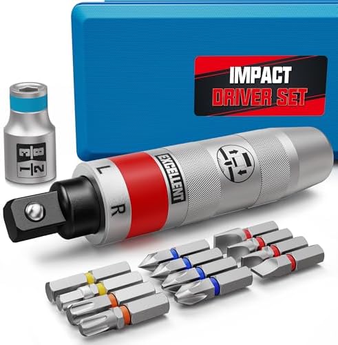 13 Piece 1/2" Drive Manual Impact Driver, Reversible Hand Impact Screwdriver Set with Slotted, Hex, Phillips Bit Kit, for Tighten and Rusted Fasteners or Frozen Bolts, with Storage Case