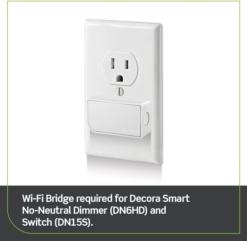 Leviton Wi-Fi Bridge for No-Neutral Decora Smart Dimmers and Switches (DN6HD and DN15S), Works with My Leviton, Alexa, Google Assistant, Apple Home/Siri & Wire-Free 3-Way, MLWSB-1RW, White