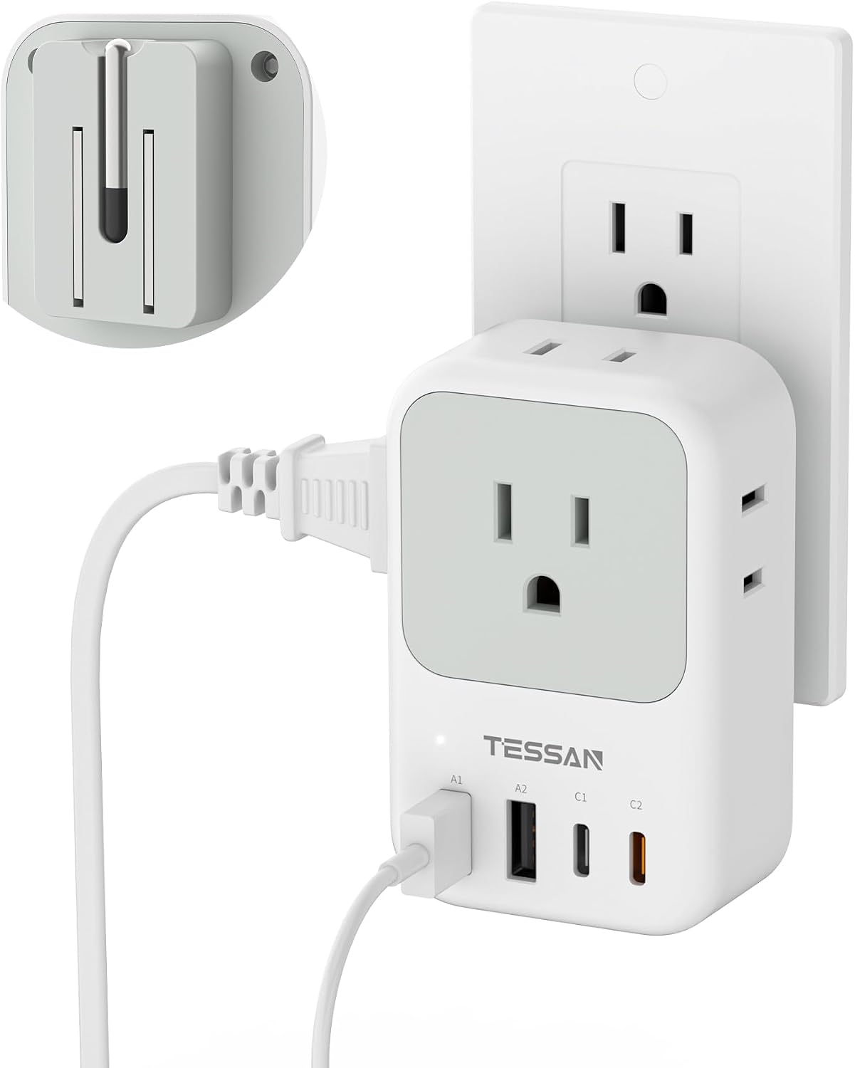 TESSAN USB C Charger Block 20W PD, Fast Charging Adapter with Foldable Plug | 1875W Power Outlet Extender(4 AC and 4 USB) for Cruise, Home, Office, Dorm Room Essentials, Grey