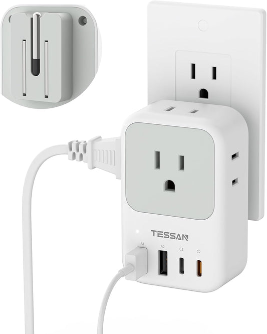 TESSAN USB C Charger Block 20W PD, Fast Charging Adapter with Foldable Plug | 1875W Power Outlet Extender(4 AC and 4 USB) for Cruise, Home, Office, Dorm Room Essentials, Grey