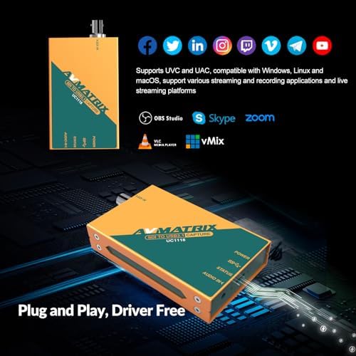 AVMATRIX UC1118 Video Capture Card SDI to USB 3.0(Gen1) 1080P60 Uncompressed (YUY2) Video Capture with Line in for Video Conferencing Telemedicine Online Education on OBS, Zoom, Teams, PC/Mac