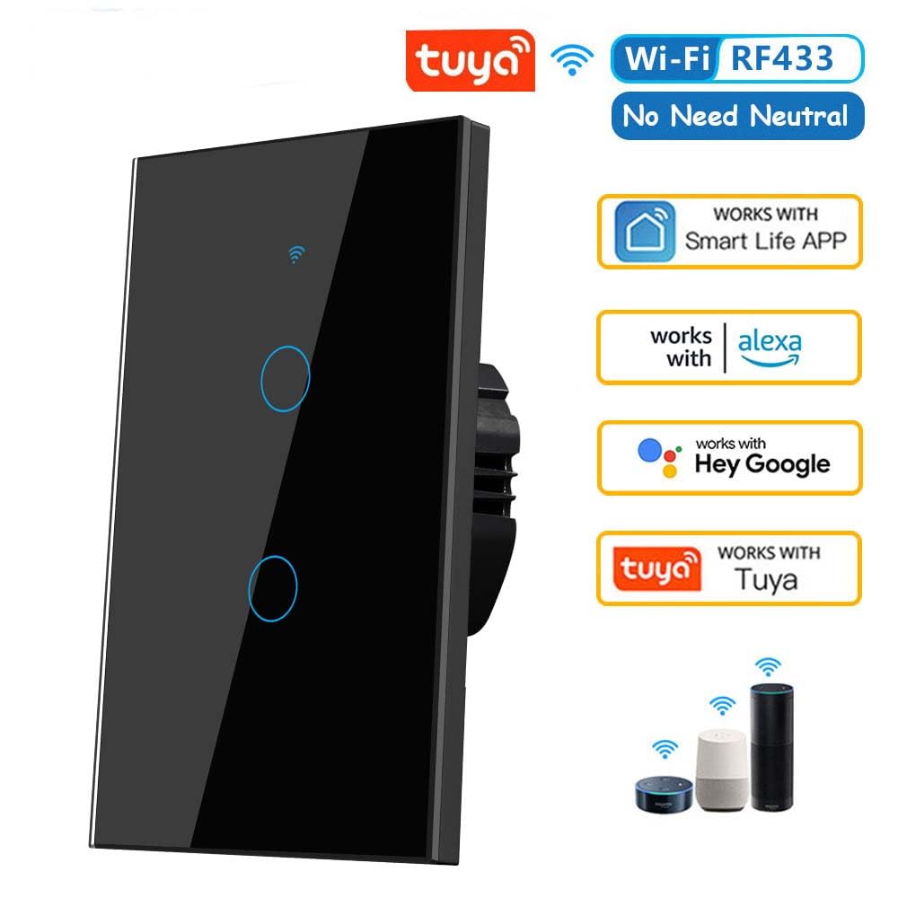 2.4GHz WiFi Smart Wall Touch Light Switch (Glass Panel, Alexa Multi-Control Compatible, Compatible with Multiple Platforms) (Wall Switch 2 Gang)