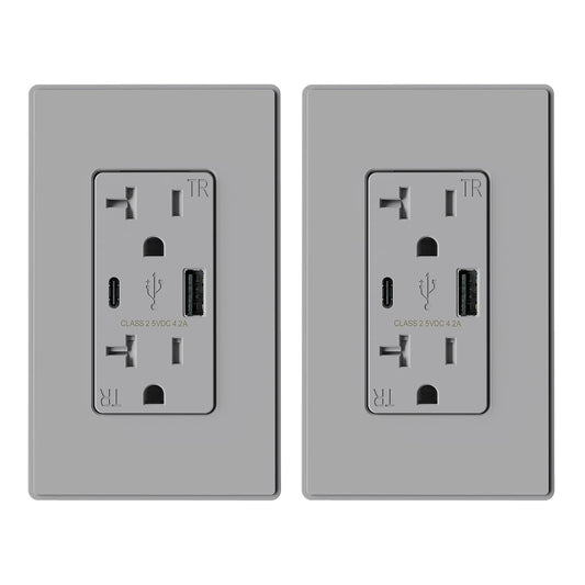 ELEGRP USB Charger Wall Outlet, USB Receptacle with USB A & USB C Ports, 20 Amp Duplex Tamper Resistant Receptacle Plug NEMA 5-20R, Wall Plate Included, UL Listed, 2 Pack, Matte Grey