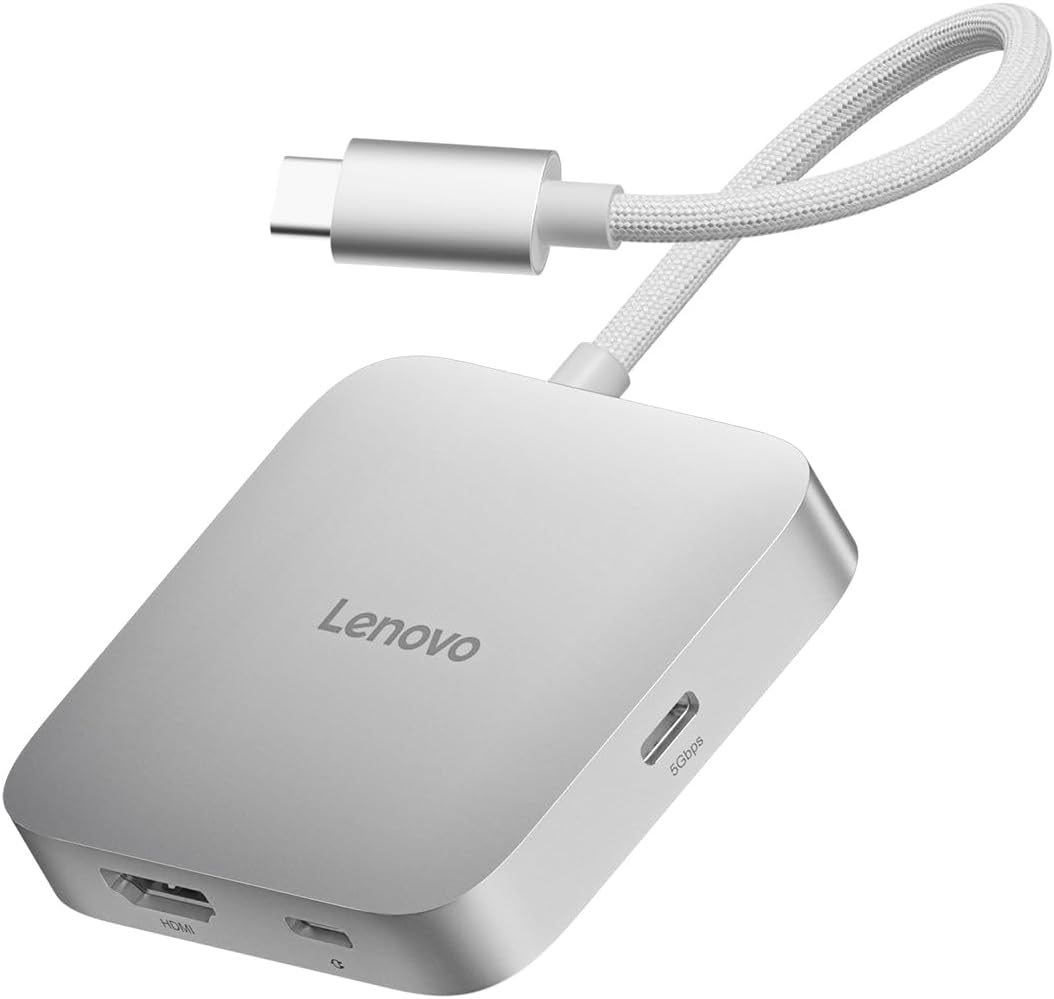 Lenovo USB-C 5-in-1 Travel Hub, 90W Power Delivery, 4K 60Hz HDMI, Dual USB-C and USB-A Ports, Plug and Play, Compact, Silver Grey