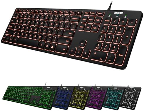 Arteck Backlit USB Wired Full Size Keyboard with Media Hotkey for PC and Laptop