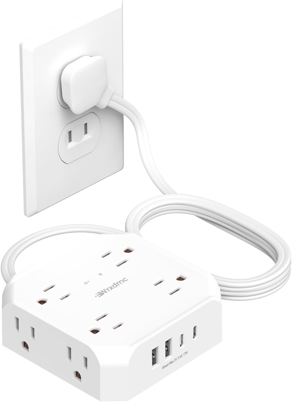 2 Prong Power Strip, WRXDMC 2 Prong to 3 Prong Outlet Adapter with 5ft Cord | 1400J Two Prong Surge Protector, Flat Polarized Plug, 8 AC with 2 USB C and 2 USB A, Wall Mountable, Ideal for Old House