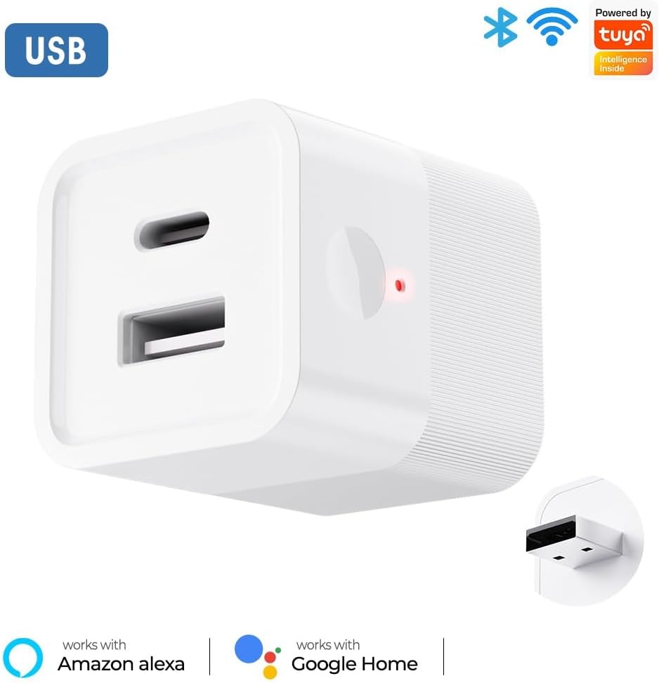 WiFi Smart USB Adapter, Mini Remote Control Switch with Tuya App, DC 5-12V Power Control, Compatible with Alexa and Google Home, White