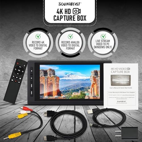 4K HD Video Capture Box - Capture or Live Stream Video (with Audio) from HDMI [Content-Protected Sources Not Supported], AV, VHS, VCR, DVD, Camcorders, Hi8, MiniDV - 5" LCD & Speaker