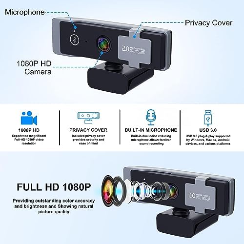 1080P Webcam for PC, Computer Camera with Privacy Cover & Tripod, Dual Noise-Cancelling Microphones, Ideal for Zoom, Skype, Video Calls & Conferences