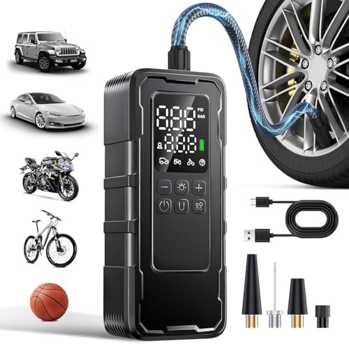 Tire Inflator Portable Air Compressor, 150 PSI Cordless Air Pump for Car Tires with Digital Pressure Gauge, Auto-Shutoff, LED Light, 12V Rechargeable Battery for Motorcycle, Bike, Ball, Inflatables