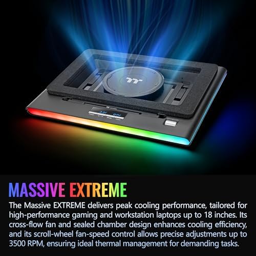 Thermaltake Massive EXTREME Notebook Cooler; Laptop up to 18in; 800~3500 RPM; 48.5 CFM; 120mm Cross Flow Fan; Ambient Temp Sensor; PWM Scroll Wheel; 2 Stage Height & Angle Adjustment; CL-N023-PL12SW-B