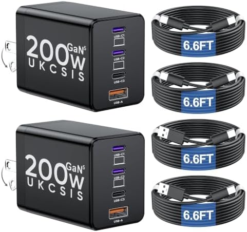 2 Pack 200W USB C Charger Block, Foldable GaN5 Super Fast Charger USB C | Dual 65W Type C Charging Block, Laptop 4-Port Fast Charging Adapter for MacBook Pro/Air, iPad, iPhone, Samsung Galaxy Black