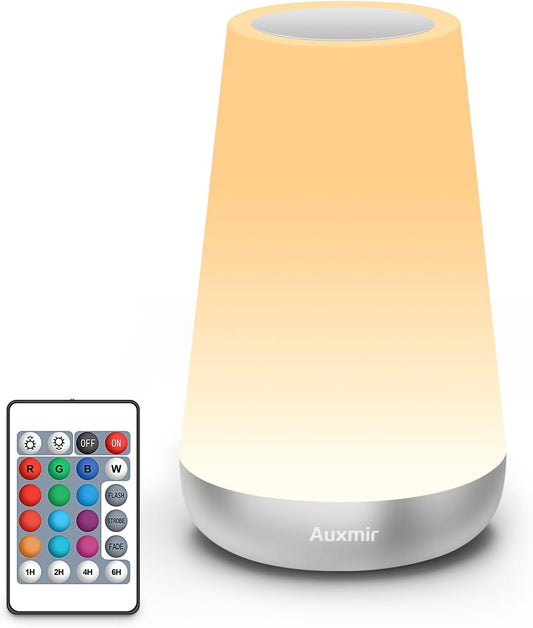 Auxmir Rechargeable Night Light, 13-Color Remote Control Lamp, Silver | touch control, 13 colors, 5 brightness levels, 4 lighting modes, 1/2/4/6-hour auto-off, portable for nursery and camping