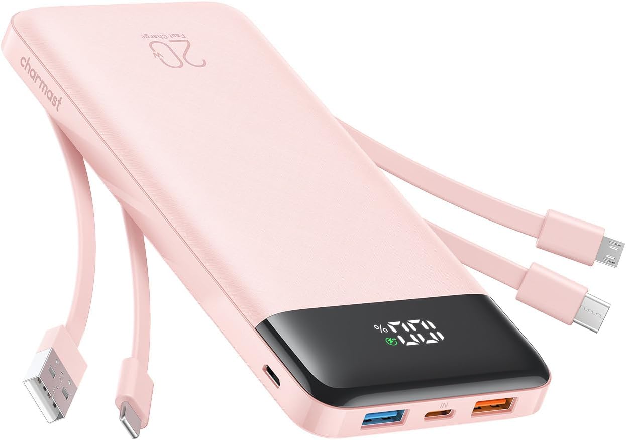 charmast Portable Charger Built-in Cables, 20000mAh Power Bank 6-Output | Travel Fast Charging Battery Pack for iPhone 17/16/15 Samsung Android, Flight-Approved, Multi-Device, USB-C & USB-A, LED %