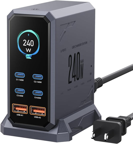240W USB C Charger Block,ASOMETECH 6 Ports USB Charging Station,GaN 140W PD3.1 Laptop Fast Charger Adapter Desktop Charger Station with LCD Display for MacBook HP iPad iPhone Samsung