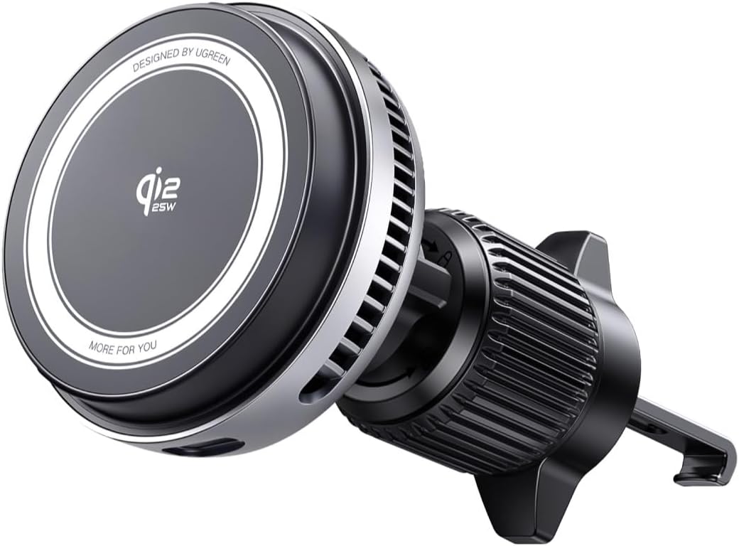 UGREEN Qi2.2 25W Wireless Car Charger Mount with Silent Cooling Fan (TEC) | Air Vent Clip and Fast Power, LED Lights, 360°Adjustable Car Phone Holder for iPhone 17-12 Series, 5FT Cable, No Adapter