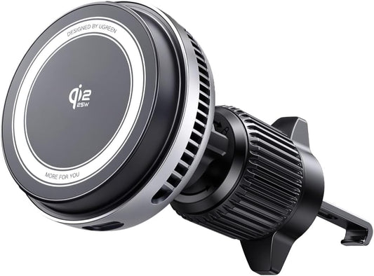 UGREEN Qi2.2 25W Wireless Car Charger Mount with Silent Cooling Fan (TEC) | Air Vent Clip and Fast Power, LED Lights, 360°Adjustable Car Phone Holder for iPhone 17-12 Series, 5FT Cable, No Adapter