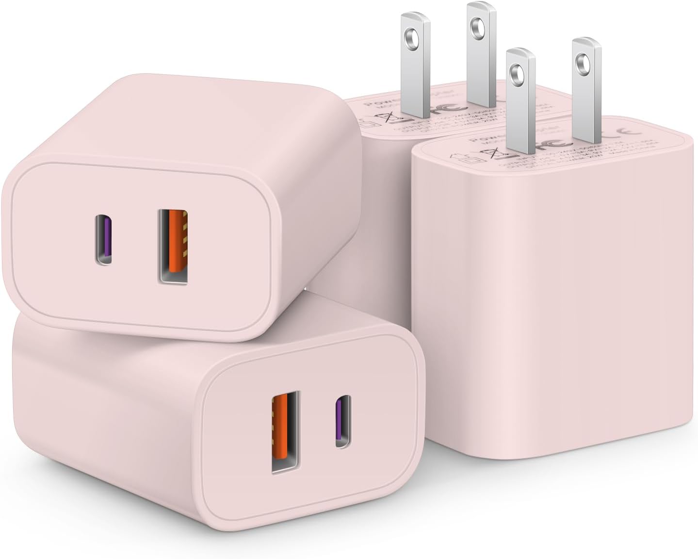 [4 Pack] USB C Charger Block Fast Charging Multiport Adpater [PD 20W USB-C & QC 3.0 USB-A Port] for iPhone 17/16/15/14/13/12/11/X/8, iPad, Galaxy, Google & More [Light Pink]