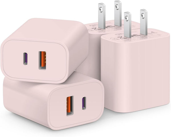 [4 Pack] USB C Charger Block Fast Charging Multiport Adpater [PD 20W USB-C & QC 3.0 USB-A Port] for iPhone 17/16/15/14/13/12/11/X/8, iPad, Galaxy, Google & More [Light Pink]