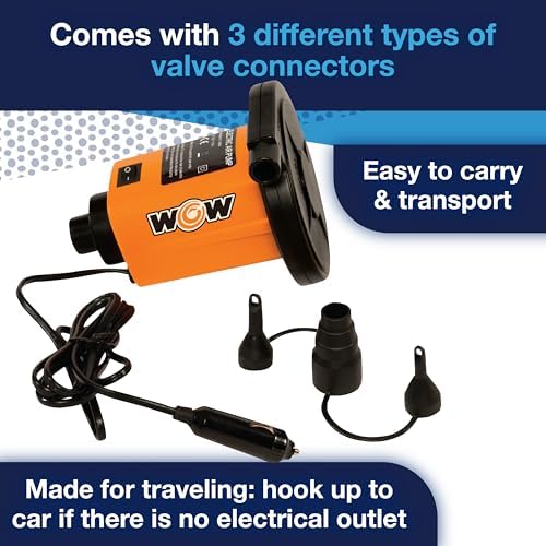 WOW Sports Electric Air Inflator, Air Pumps for Inflatables, Towables and Others, Comes with DC Power Adapter and Cord, 1.0 PSI | A 12V DC air pump for towables, pool floats, and air mattresses.