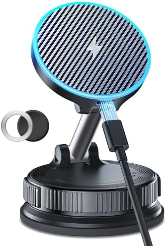 15W MagSafe Car Mount Charger, Magnetic Wireless Car Charger with Vacuum Suction Cup & Nano Adhesive Base, 360° Rotatable Strong Hold Car Phone Mount for iPhone 17 16 15 14 13 12 Series, Samsung S26