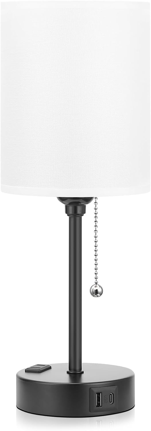 Dicoool Bedside Table Lamp for Bedroom - Small Desk Lamp with USB Ports | USB A+C Ports, AC Outlet, 3 Color Temperatures, LED Bulb Included, White Fabric Shade, Black Metal Base, 14" Nightstand lamp