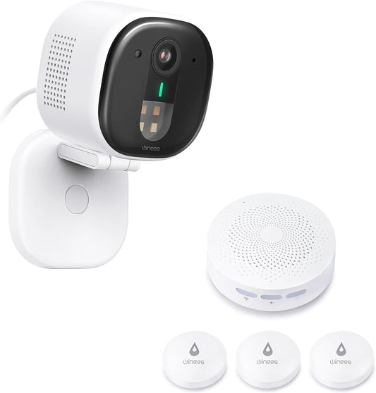 Winees WiFi Water Leak Detector, 3 Pack Water Sensors & 2K 4MP Outdoor Security Camera, Human/Pet AI Detection Support Cloud/128G SD Card Storage