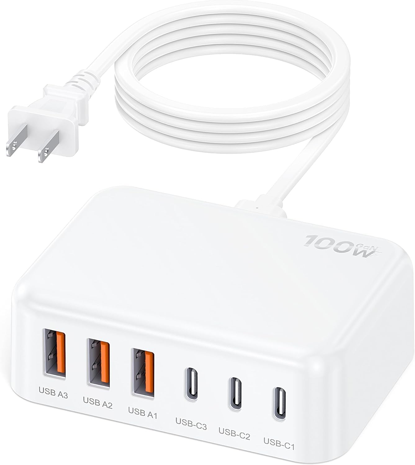 100W 6 in 1 USB Charger, 50% Smaller Charging Station for Multiple Devices | Fast Charging Blocks with Type C Port, USB Charging Hub Organizer Multiport Power Strip for iPhone,Samsung,Ipad,Kindle,Travel