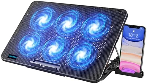 Laptop Cooling Pad, Laptop Cooler with 6 Quiet Fans for 12-17 Inch Notebook Gaming Fan Stable Stand, 7 Height & Wind Speed Adjustable, 2 USB Port & Phone Holder (Black)