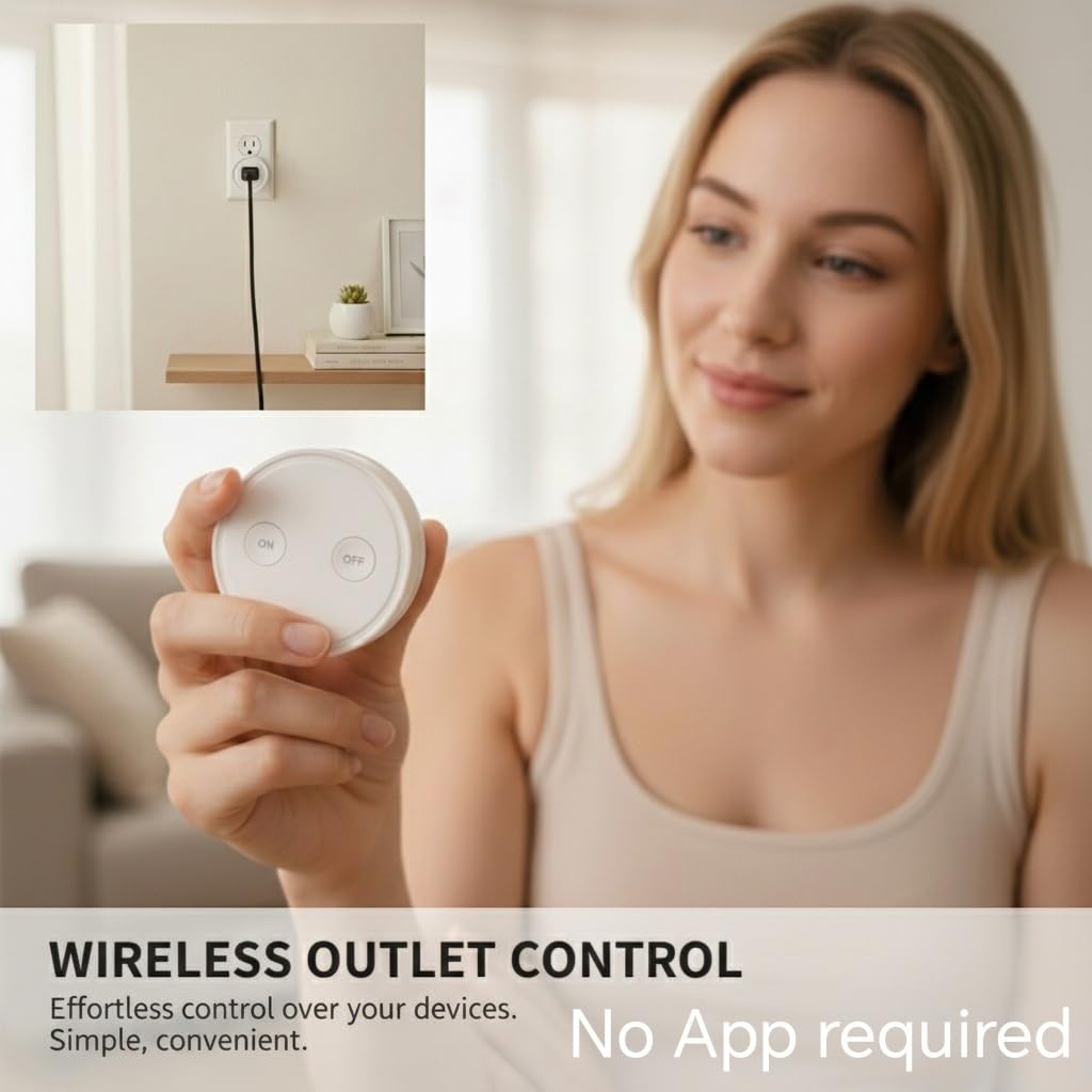 LoraTap Mini Remote Control Outlet Plug Adapter, 656ft Range Wireless Light Switch for Household Appliances, No Hub Required, 10A/1100W, White