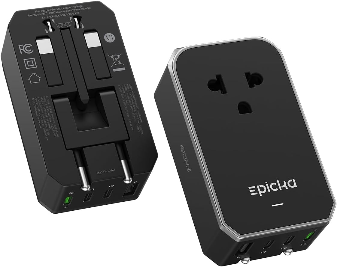 EPICKA Air 40W Universal Travel Adapter PD&QC with 1AC/3USB-C/1USB-A | Slim & Compact Size Plug Adapter For US EU UK AU, Supports Fast Charging for Multi-Device, Not A Voltage Converter, Black