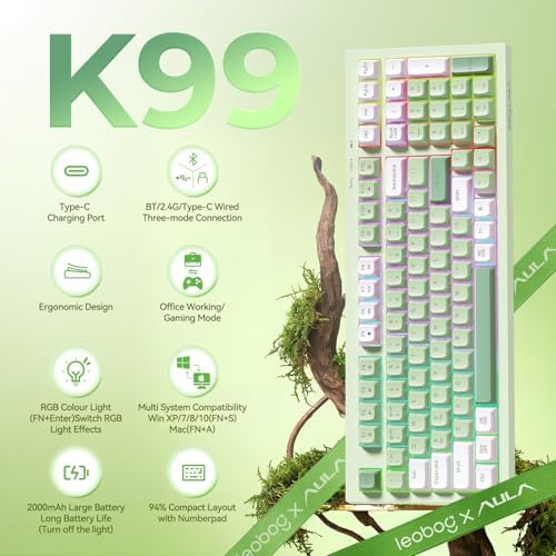 LEOBOG X Aula Green Keyboard Wireless Gaming Keyboard Creamy Silent | 98 Keys,Quiet,RGB Backlit,2000mAh Computer Keyboards Membrane Creamy Keyboard with Number Pad,Tri-Mode BT/2.4GHz/USB-C