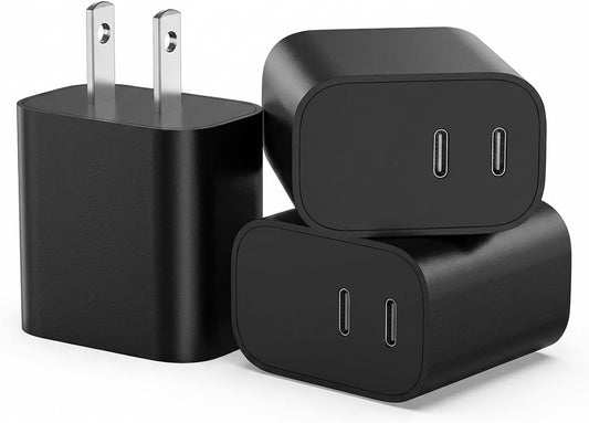 USB C Charger Block 3 Pack, Dual Port 20W Fast Wall Plug (Black) | 20W PD fast charging USB C block for iPhone 17 16 15 14 13 12 11, iPad Pro, iPad Air, AirPods and Apple Watch.