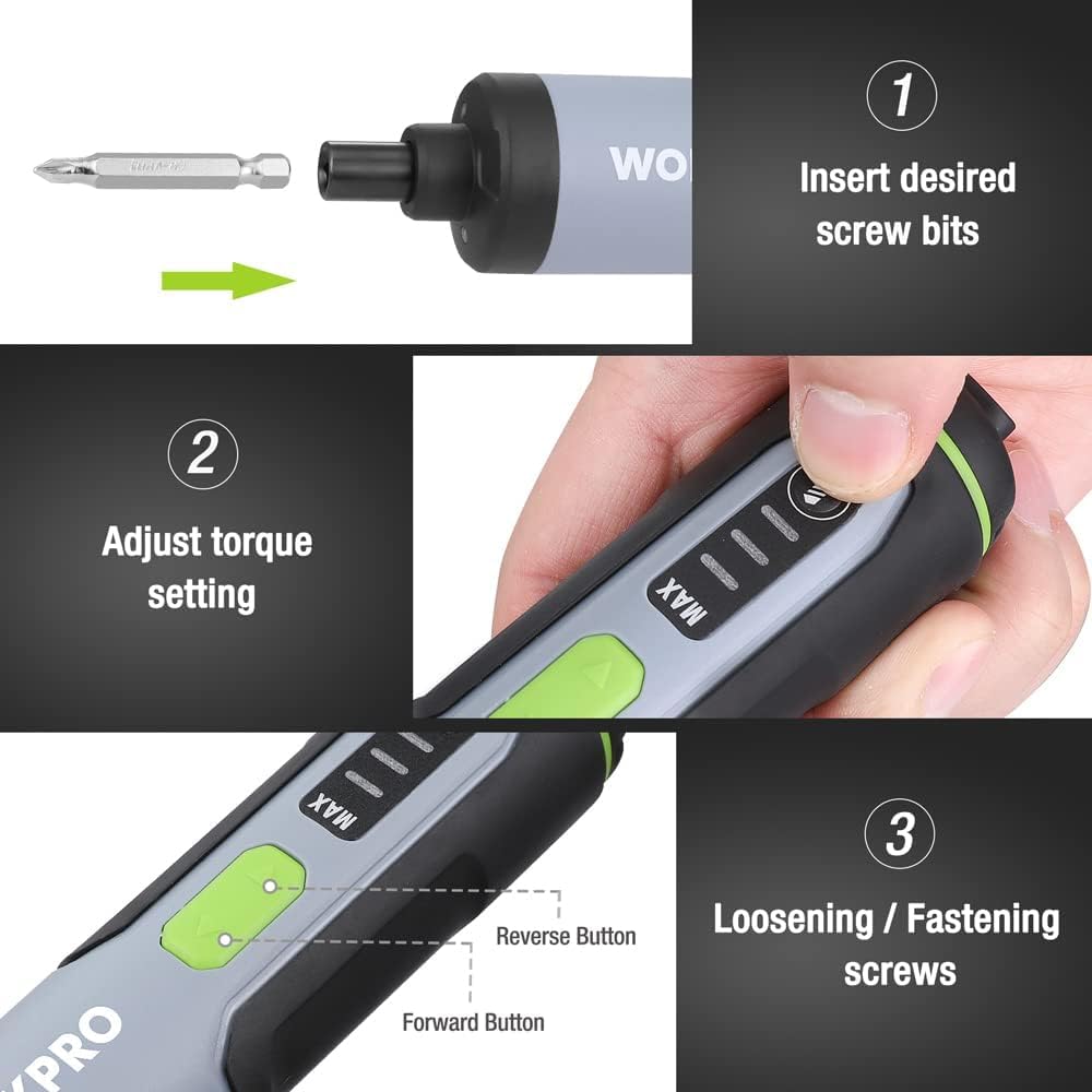 WORKPRO 4V Electric Screwdriver, Rechargeable Cordless Screwdriver Set with 35 Bits, Extension Rod, USB Charging Cable in Carrying Case, LED Light, Black Gray