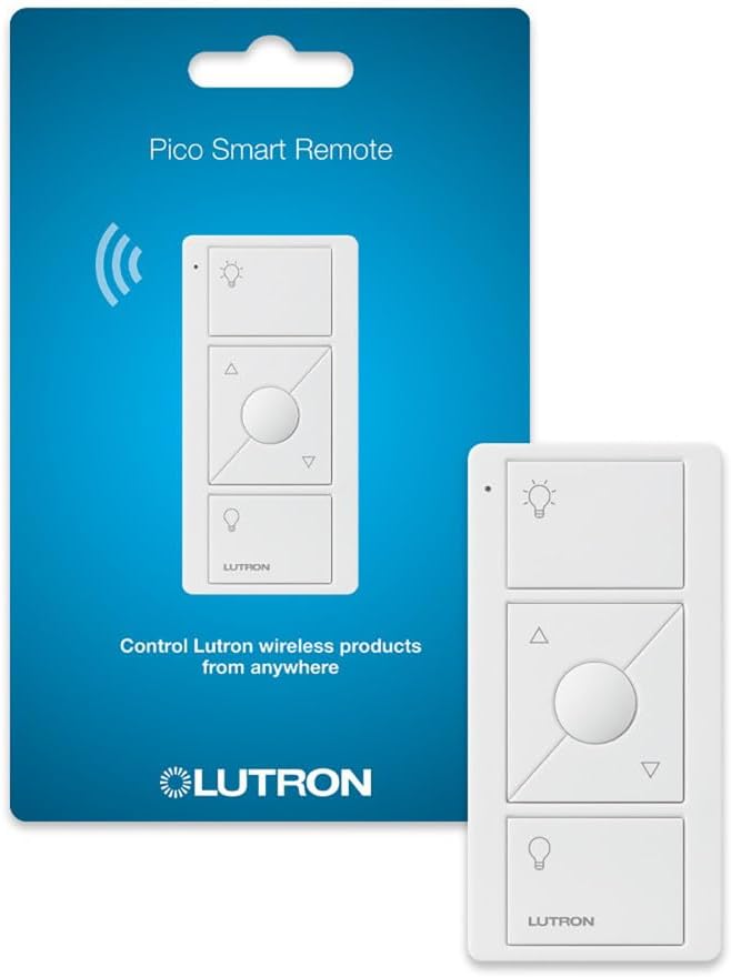 Lutron Pico Remote for Caseta Smart Dimmer Switch, 3-Button Control | Wireless remote w/ raise/lower and preset lighting level, for table top or wallmount use, PJ2-3BRL-WH-L01R, White