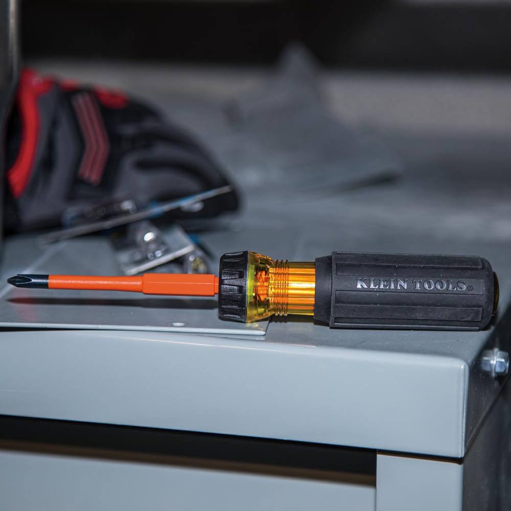 Klein Tools 32293 Insulated Screwdriver, 2-in-1 Screwdriver Set with Flip Blade, #2 Phillips and1/4-Inch Slotted Tips, Double-Ended Blades