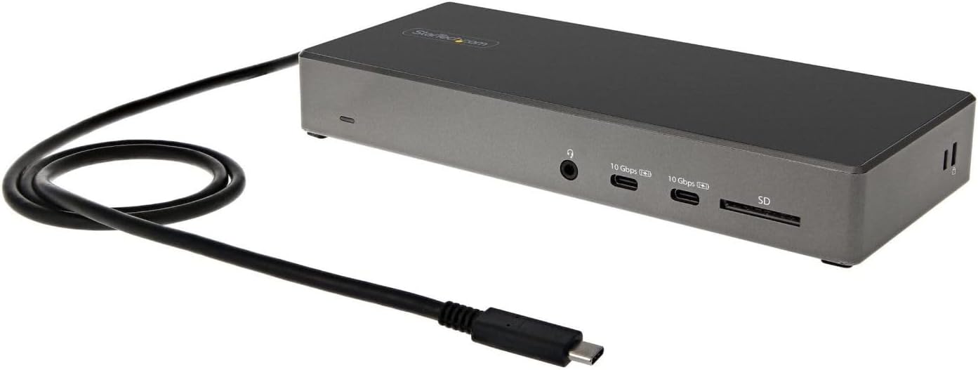 StarTech USB-C Triple 4K Dock with 100W PD, DP 1.4 DSC, 6-Port 10Gbps, GbE | Windows, Chrome, 2x DisplayPort 1.4, HDMI 2.0, SD 3.0 reader, 2x security K-Slots, Audio, Headset port