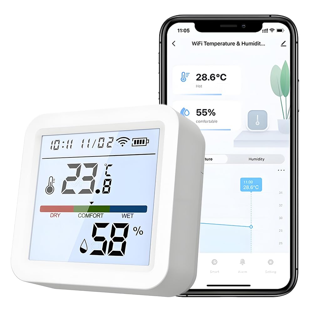 WiFi Hygrometer Thermometer, Indoor Tuya Wireless Smart Temperature and Humidity Sensor Backlight LCD Screen Thermometer Monitor with App Control, Compatible with Alexa, Google Home (White)