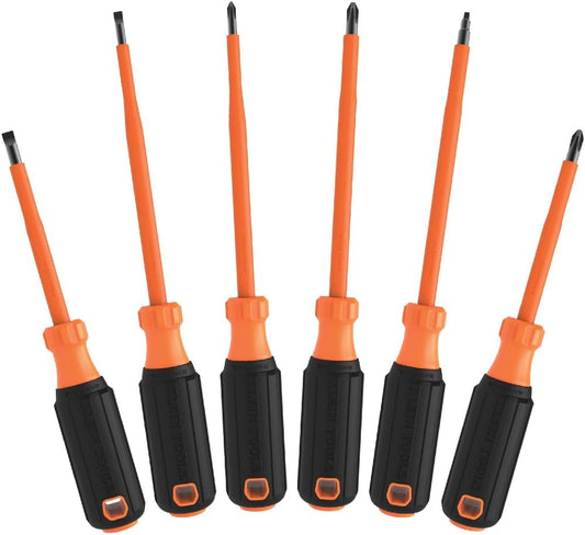 Klein Tools 85076INS Insulated Screwdriver Set, Made in USA, features 1000V Electricial Screwdrivers, (3) Phillips and (2) Slotted and Square Tips, 6-Piece
