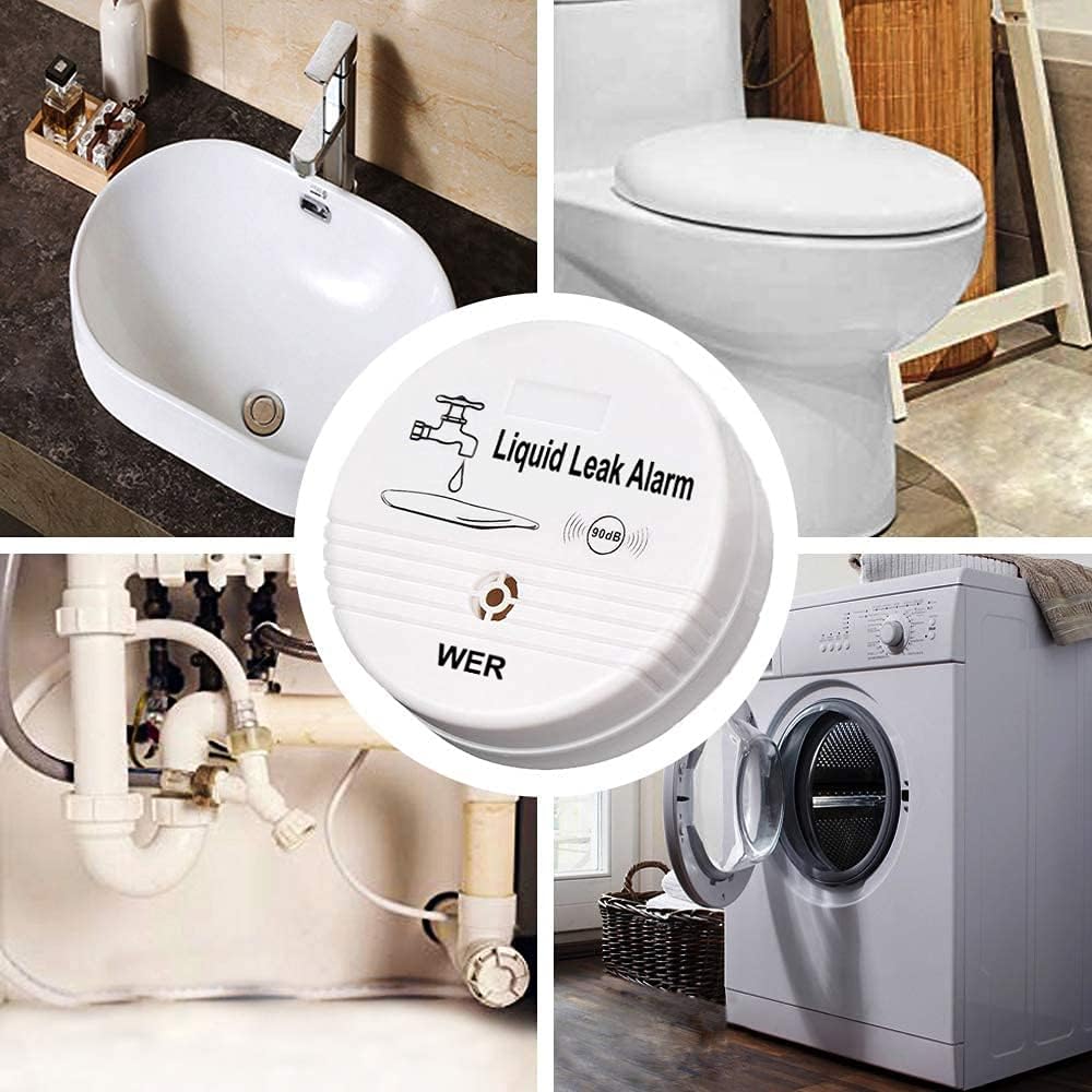 WER 90dB High-Sensitivity Water Leak Alarm, Liquid Overflow Detector Sensor | Battery-Powered Water Sensor for Kitchen, Bathroom, Basement, Laundry Room, Prevent Home Water Damage (Without Battery 2PC)