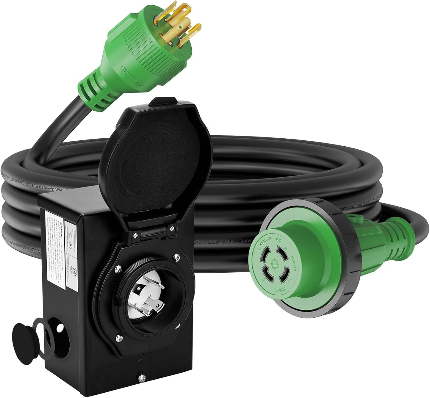 RVGUARD 25 Foot 30 Amp Generator Cord and Power Inlet Box | L14-30P to L14-30R Generator Cord with L14-30P Pre-Drilled Generator Inlet Box, Emergency Power Combo Kit，ETL Listed