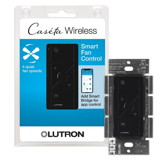 Lutron Caseta Smart Fan Control (Smart Hub Required) 4-Speed for Paddle Fan | Smart Fan Control elimates pull chains, choose from 4 fan speeds, preselect your favorite speed, PD-FSQN-BL, Black