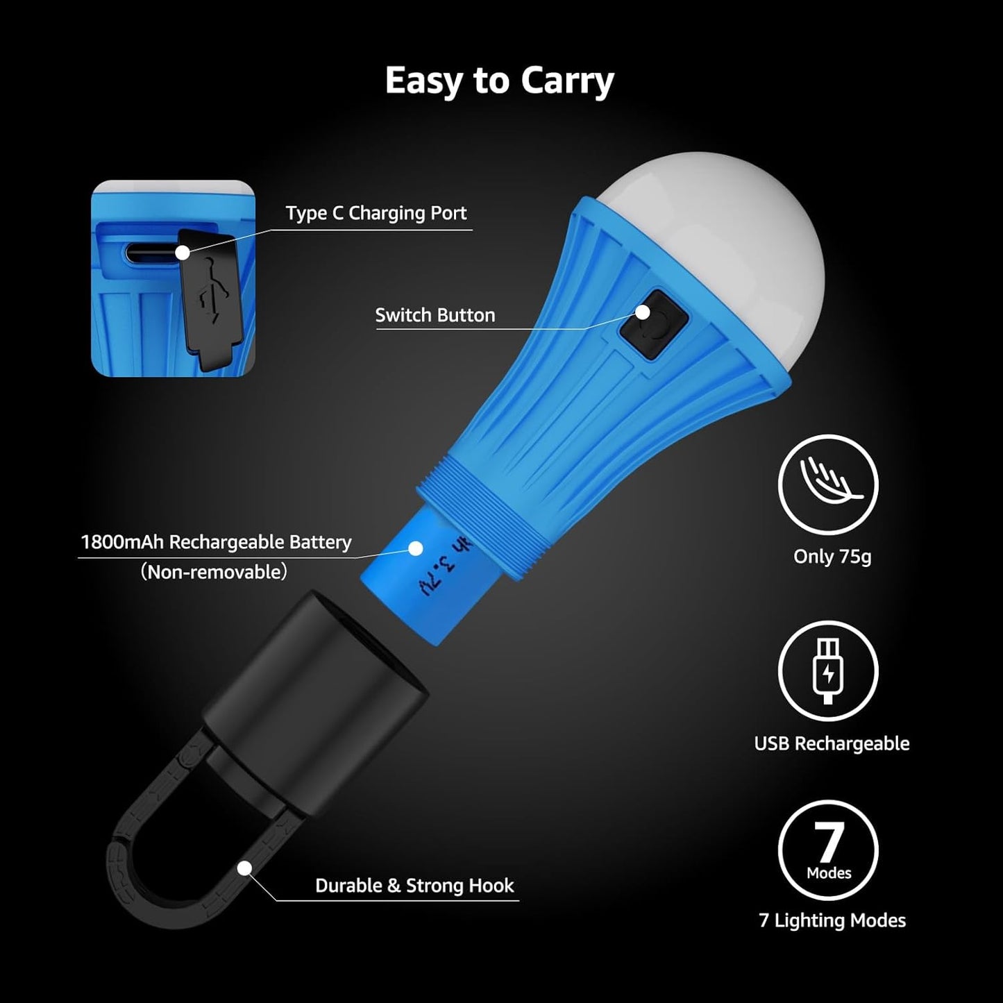 Lepro LED Rechargeable Camping Lantern with 7 RGBW Light Modes, 2Packs | Portable Tent Lights, Camping Essentials, Hanging Light Bulbs with Clip Hook for Camping, Emergency, USB Cable Included