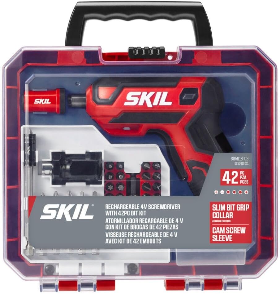 SKIL Rechargeable 4V Cordless Pistol Grip Screwdriver with 42pcs Bit Set, USB Charger and Carrying Case - SD5618-03