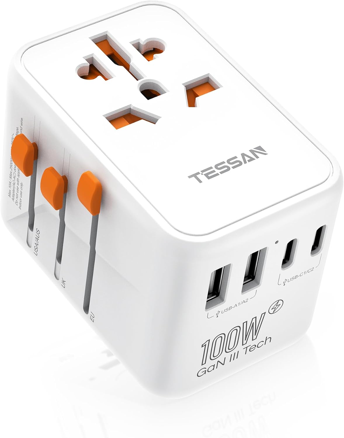TESSAN Universal Travel Adapter 100W GaN | International Power Adapter, 5 USB Ports (3 USB C), Worldwide Outlet US to Europe UK AUS Ireland, Type C/G/A/I