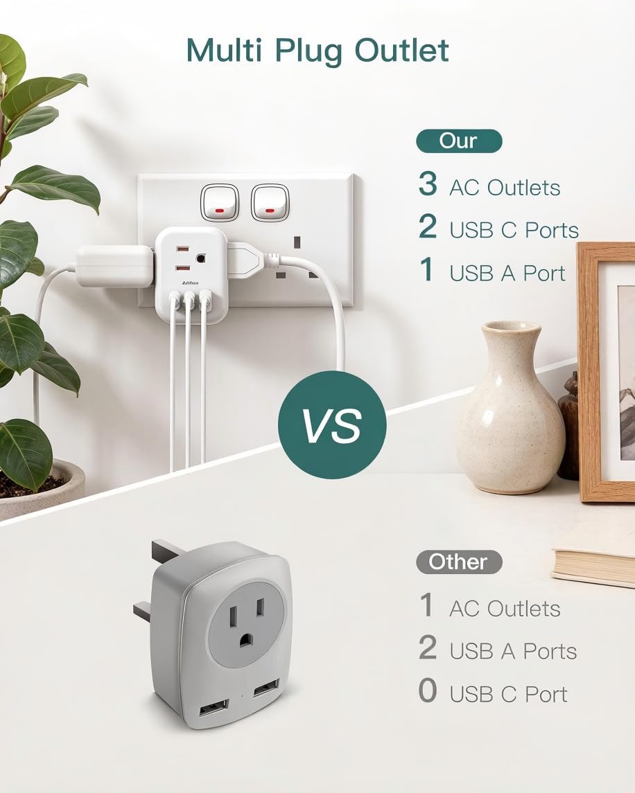 Addtam US to UK Ireland Travel Plug Adapter, Type G Power Plug Adapter with 3 Outlets 3 USB Ports(2 USB C), UK Adapters for Travel for USA to Dubai England London Scotland British Kenya Irish Hongkong