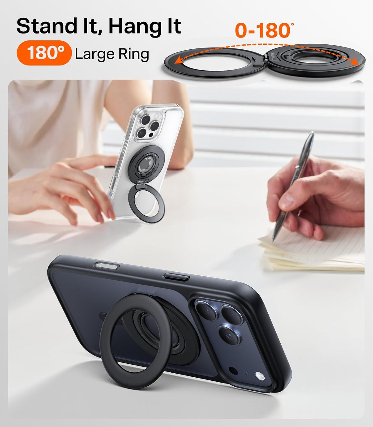 TORRAS 2025 Flagship 360 Magnetic Phone Grip Ring Holder Kickstand, Black | [2-Sided Magnetic] [360 Rotation] Fit for MagSafe Accessories for iPhone 17 16 15 14 13 12 11 Samsung, Google, Black