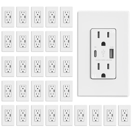 ELEGRP Charger Wall Outlet With USB A & C Ports, 15 Amp Duplex Tamper Resistant Receptacle Plug NEMA 5-15R, Wall Plate Included, UL Listed, 30 Pack, Matte White