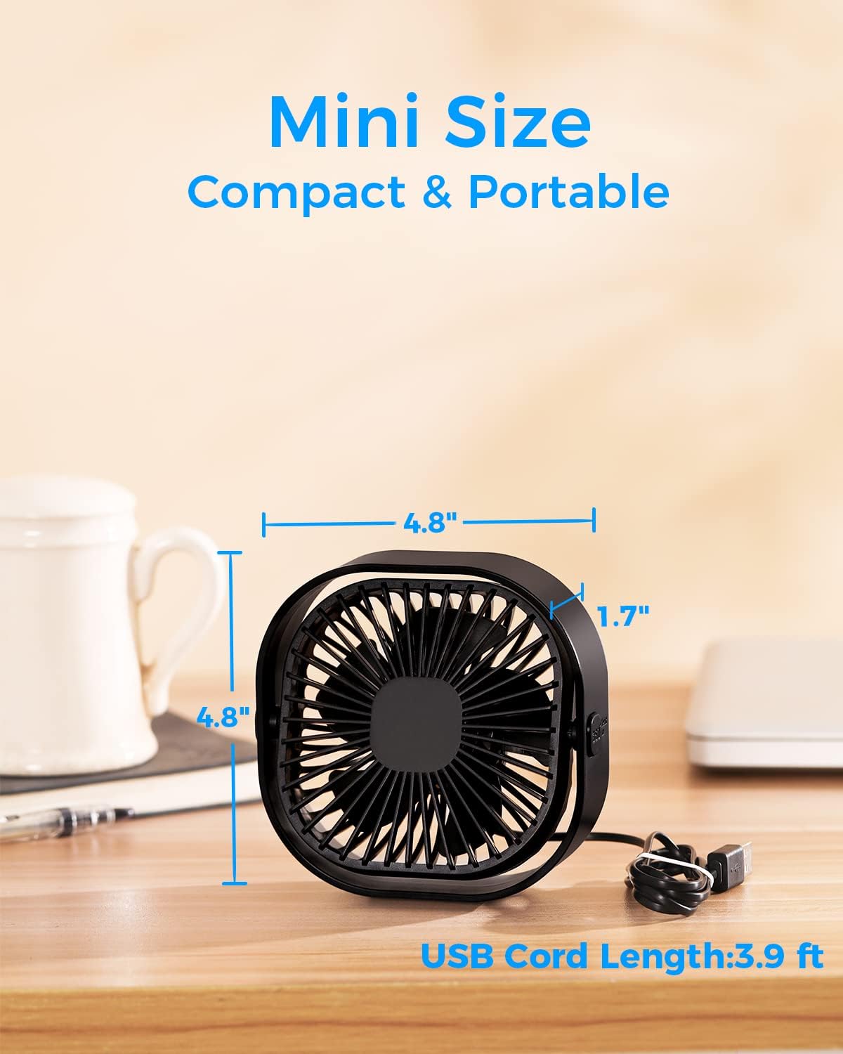 RJVW 4 Inch Small USB Desk Fan, 3-Speed & 360°Rotatable Cooling Fan | USB-Powered Desktop Fan for Home Office Bedroom Dorm Indoor Outdoor Summer Gift